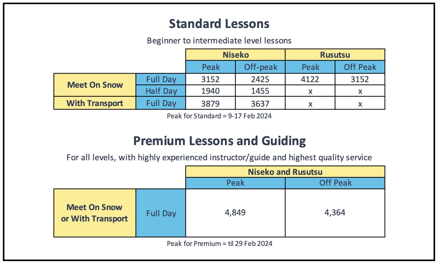 Japan Snowsports Prices Table 23-24